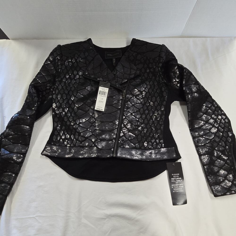 bcbgmaxazria Black Max Azria Crop Top Bikers Snake Sequin Jacket Medium